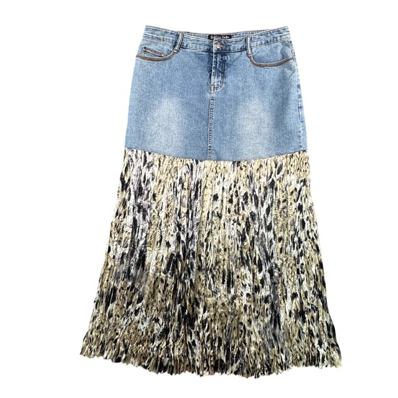 VTG Street Code NYC Y2K Denim Maxi Skirt Animal Print Pleated Hem 11/12 - Picture 2 of 7